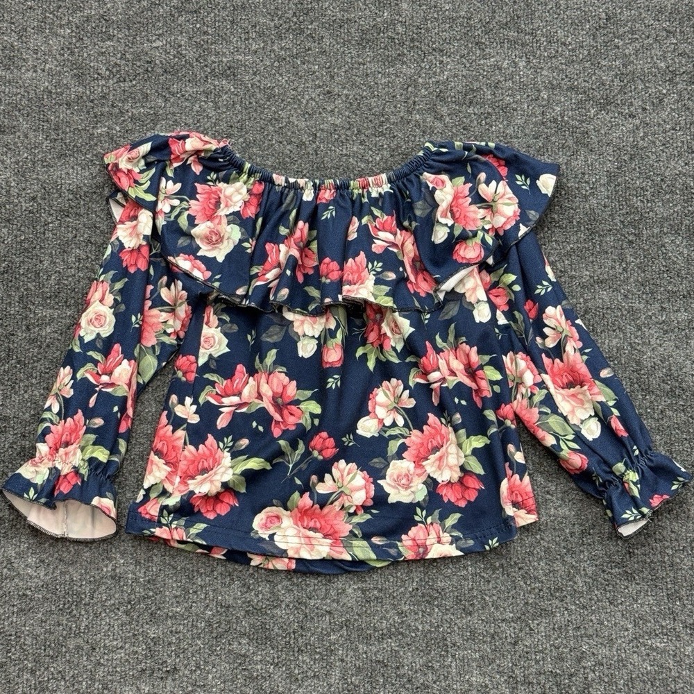 Marie Nicole Girls Small Floral Peasant Top Boutique Ruffle Long Sleeve Navy